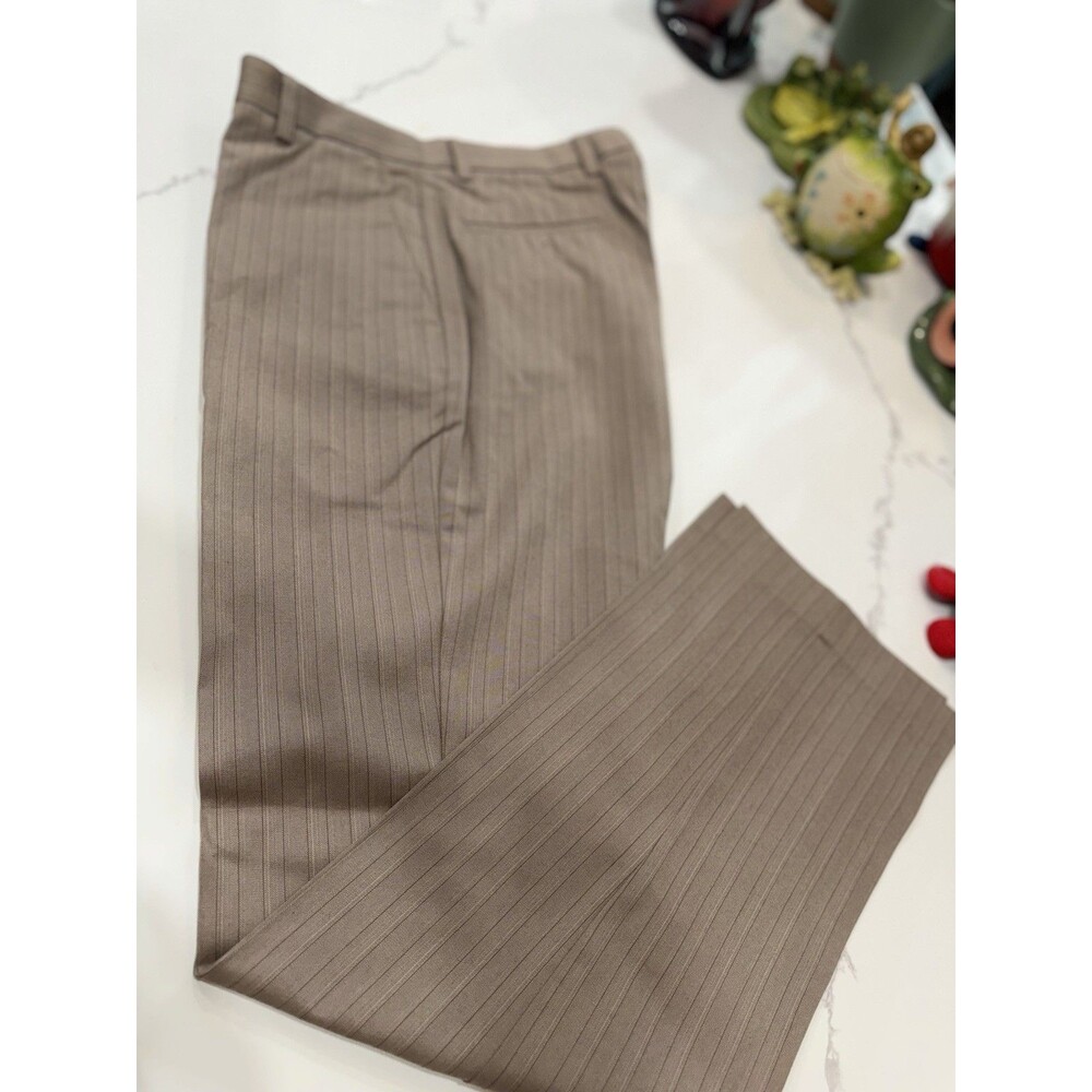 Mens Tan Taupe Dress Pants Striped Herringbone Flat Front Slacks 34 Inseam